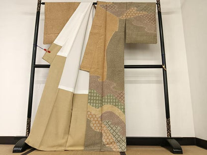 平和屋着物●訪問着　紬地　道長花文　正絹　逸品　AAAZ0240zg