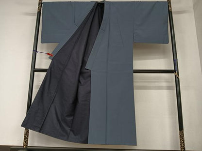 平和屋着物●男性　色紋付　アンサンブル　紬地　色無地　青褐色　正絹　逸品　AAAZ0248zg