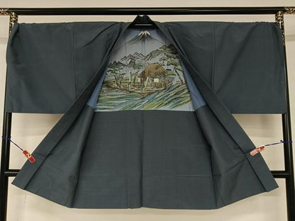 平和屋着物●男性　色紋付　アンサンブル　紬地　色無地　青褐色　正絹　逸品　AAAZ0248zg