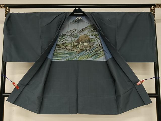 平和屋着物●男性　色紋付　アンサンブル　紬地　色無地　青褐色　正絹　逸品　AAAZ0248zg