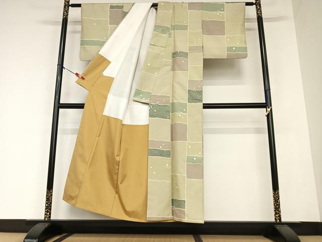 平和屋着物●上質な小紋　紬地　変わり市松文様　正絹　逸品　AAAZ0265zg