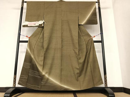 平和屋着物●吉志乃生紬 訪問着 作家物 絁 段違い文 暈し染め 反端付き 正絹 逸品 AAAZ0271zg