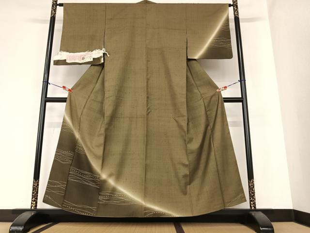 平和屋着物●吉志乃生紬 訪問着 作家物 絁 段違い文 暈し染め 反端付き 正絹 逸品 AAAZ0271zg
