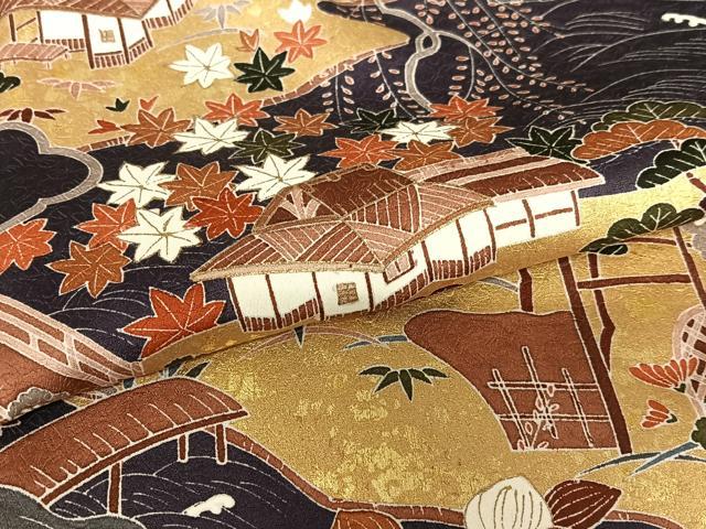 平和屋着物●訪問着　友禅　松竹梅風景花文　金彩　正絹　逸品　AAAZ0277zg