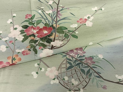 平和屋着物●訪問着　友禅　作家物　紬地　花籠文　正絹　逸品　AAAZ0281zg