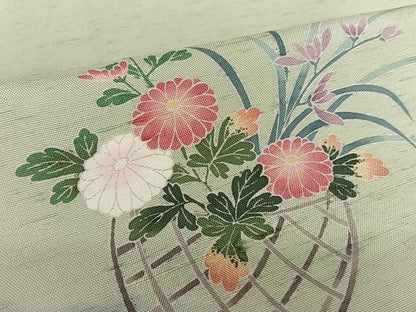 平和屋着物●訪問着　友禅　作家物　紬地　花籠文　正絹　逸品　AAAZ0281zg