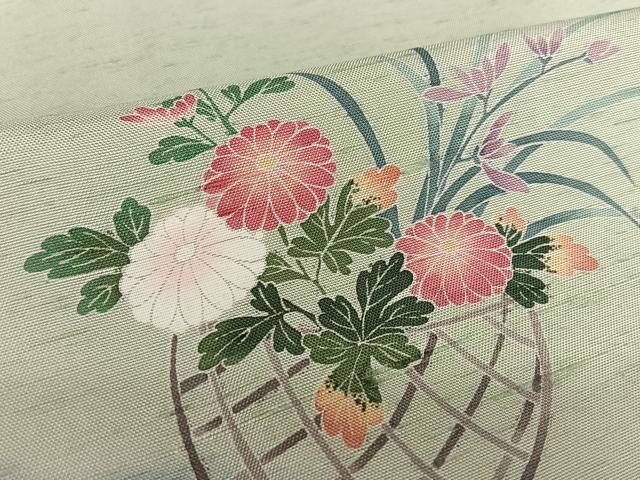 平和屋着物●訪問着　友禅　作家物　紬地　花籠文　正絹　逸品　AAAZ0281zg