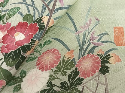 平和屋着物●訪問着　友禅　作家物　紬地　花籠文　正絹　逸品　AAAZ0281zg