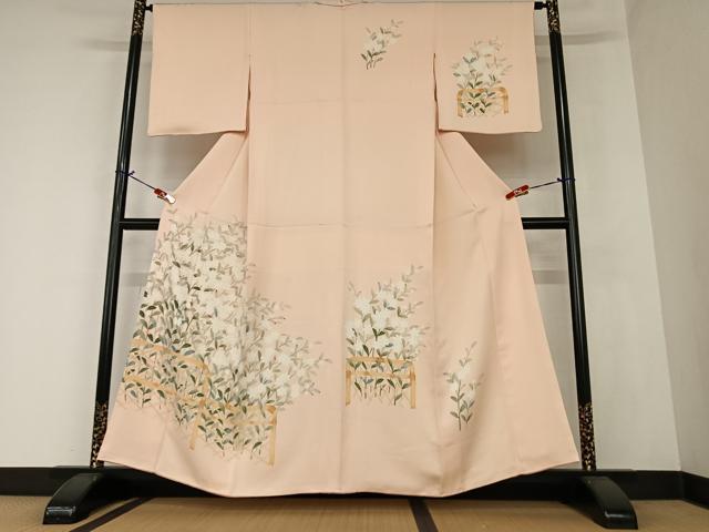 平和屋着物●訪問着　友禅　草花文　肉地色　正絹　逸品　AAAZ0297zg