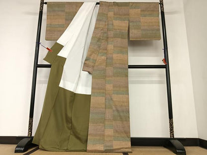 平和屋着物●上質な紬　横段文　正絹　逸品　AAAZ0308zg