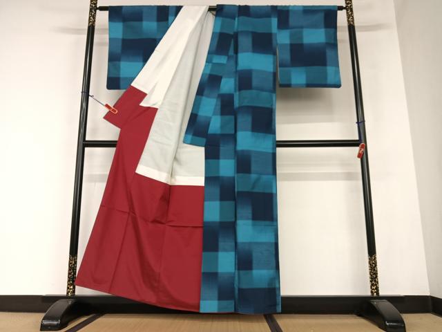 平和屋着物●上質な紬 市松文様 正絹 逸品 AAAZ0315zg