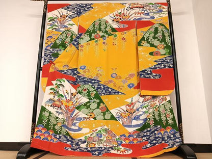 平和屋着物●紅型 振袖 風景草花文 正絹 逸品 未使用 AAAZ0351zg