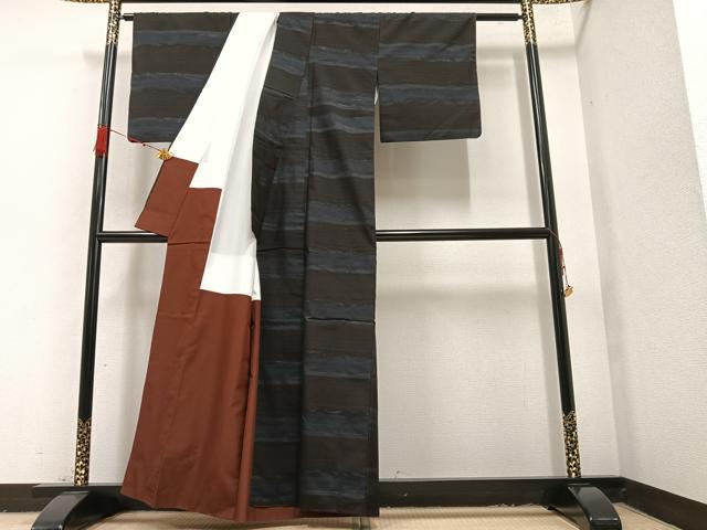 平和屋着物●本場大島紬　残糸織　やたら織　横段文　正絹　逸品　AAAZ0560ph