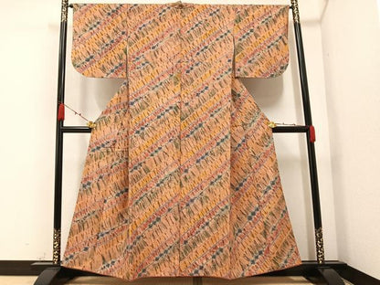 平和屋着物●菅原工房　菅原結作　漢方染紬　小紋　紬地　絞り　斜縞　正絹　逸品　AAAZ0572ph