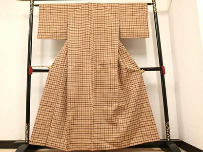 平和屋着物●上質な紬　格子　正絹　逸品　AAAZ0588ph