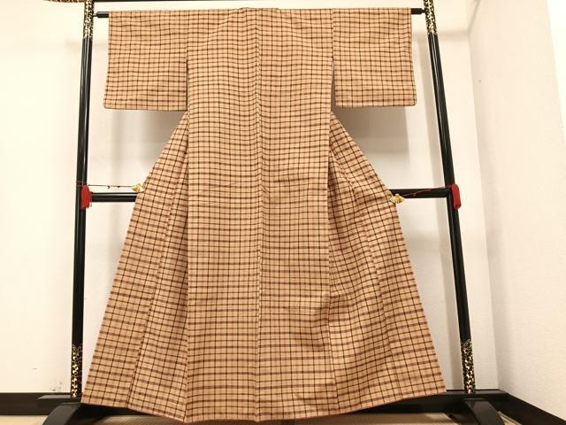 平和屋着物●上質な紬　格子　正絹　逸品　AAAZ0588ph