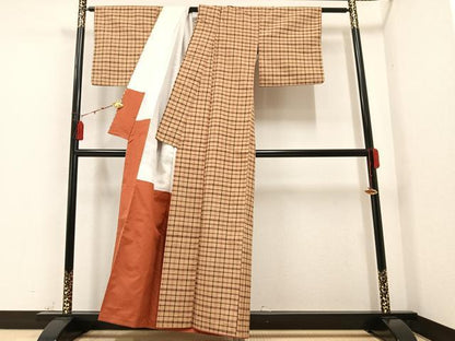 平和屋着物●上質な紬　格子　正絹　逸品　AAAZ0588ph