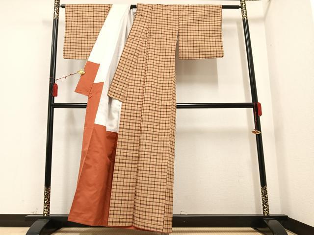 平和屋着物●上質な紬　格子　正絹　逸品　AAAZ0588ph