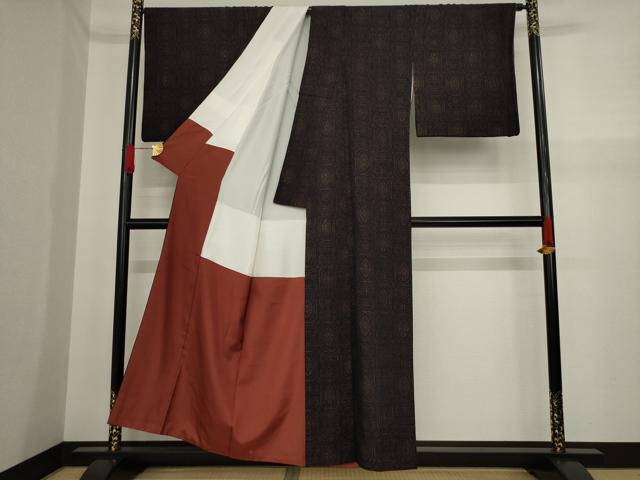 平和屋着物●小紋　縮織　幾何学文様　黒地　AAAZ0603ck