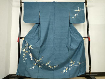 平和屋着物●訪問着 友禅 紬地 枝花に休み鳥 正絹 逸品 AAAZ0635ck