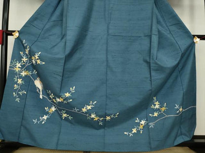 平和屋着物●訪問着 友禅 紬地 枝花に休み鳥 正絹 逸品 AAAZ0635ck