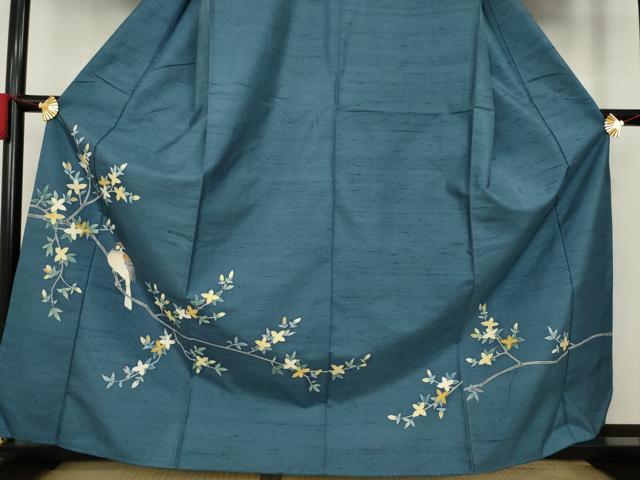 平和屋着物●訪問着 友禅 紬地 枝花に休み鳥 正絹 逸品 AAAZ0635ck