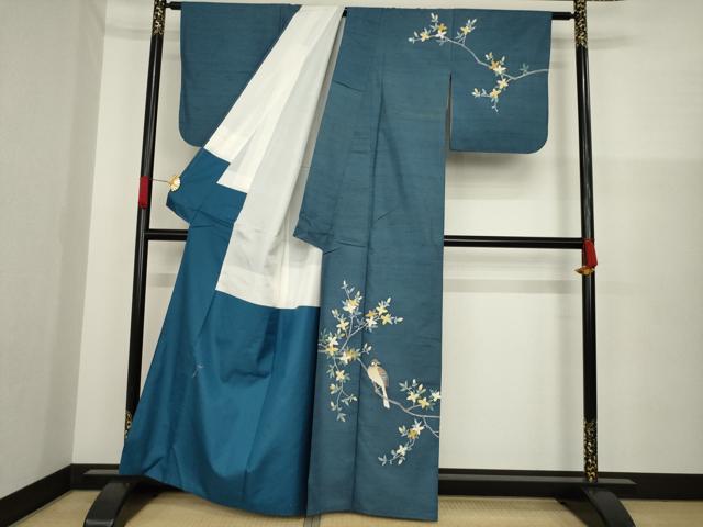 平和屋着物●訪問着 友禅 紬地 枝花に休み鳥 正絹 逸品 AAAZ0635ck