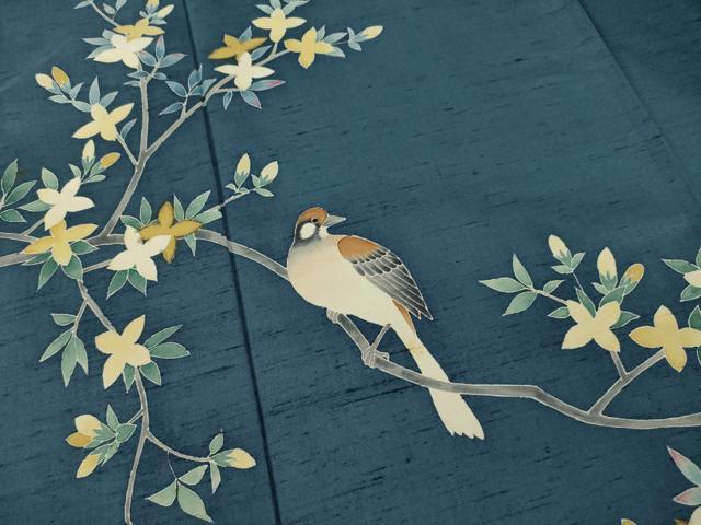 平和屋着物●訪問着 友禅 紬地 枝花に休み鳥 正絹 逸品 AAAZ0635ck