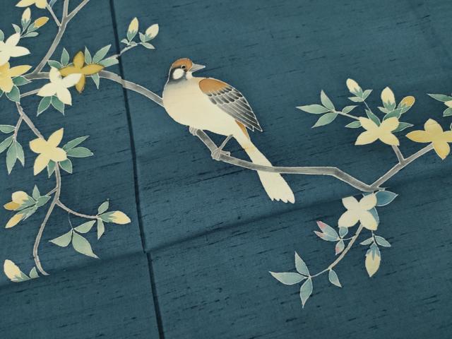 平和屋着物●訪問着 友禅 紬地 枝花に休み鳥 正絹 逸品 AAAZ0635ck