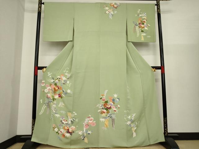 平和屋着物●創業460年・千總　訪問着　駒刺繍　短冊花文　金彩　正絹　逸品　AAAZ0656ck