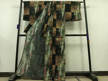 平和屋着物∴夏物 浴衣・小紋兼用 流水藤文 黒地 金彩 綿 AAAZ0681jh
