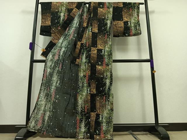 平和屋着物∴夏物 浴衣・小紋兼用 流水藤文 黒地 金彩 綿 AAAZ0681jh