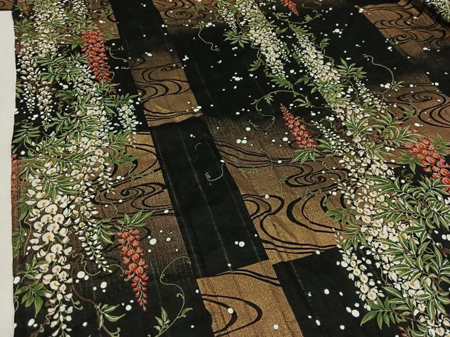 平和屋着物∴夏物 浴衣・小紋兼用 流水藤文 黒地 金彩 綿 AAAZ0681jh