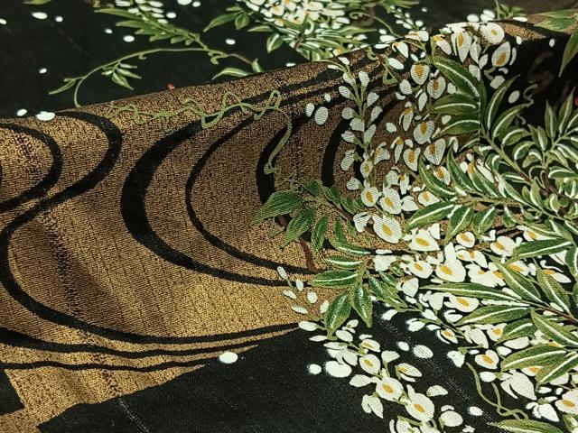 平和屋着物∴夏物 浴衣・小紋兼用 流水藤文 黒地 金彩 綿 AAAZ0681jh