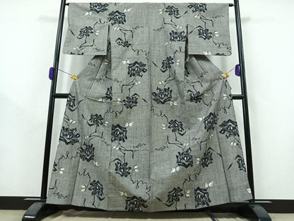 平和屋着物▽上質な紬　単衣　草花文　正絹　逸品　AAAZ0691jh