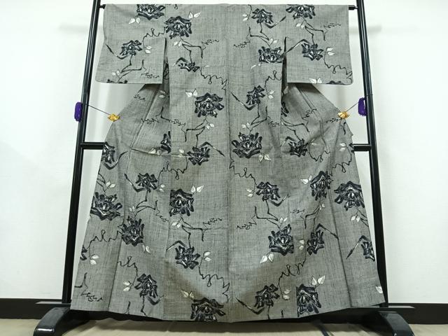 平和屋着物▽上質な紬　単衣　草花文　正絹　逸品　AAAZ0691jh