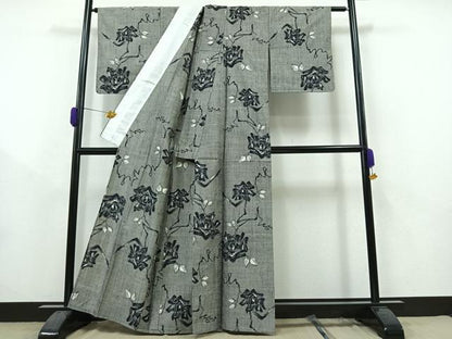 平和屋着物▽上質な紬　単衣　草花文　正絹　逸品　AAAZ0691jh