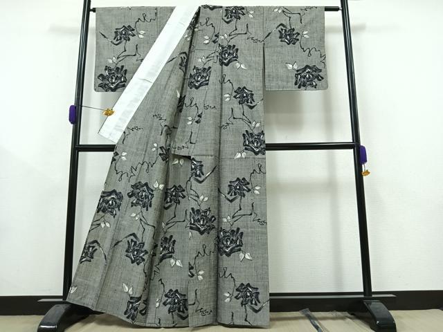 平和屋着物▽上質な紬　単衣　草花文　正絹　逸品　AAAZ0691jh