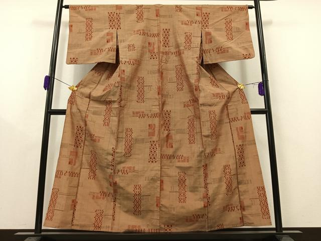 平和屋着物▽上質な紬 単衣 幾何学文様 正絹 逸品 AAAZ0692jh