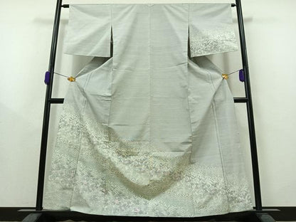 平和屋着物▽訪問着 単衣 紬地 草花文 正絹 逸品 AAAZ0693jh