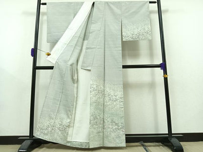 平和屋着物▽訪問着 単衣 紬地 草花文 正絹 逸品 AAAZ0693jh
