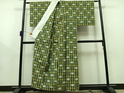 平和屋着物▽上質な紬 単衣 笹竹文 正絹 逸品 AAAZ0698jh
