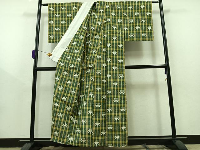 平和屋着物▽上質な紬 単衣 笹竹文 正絹 逸品 AAAZ0698jh