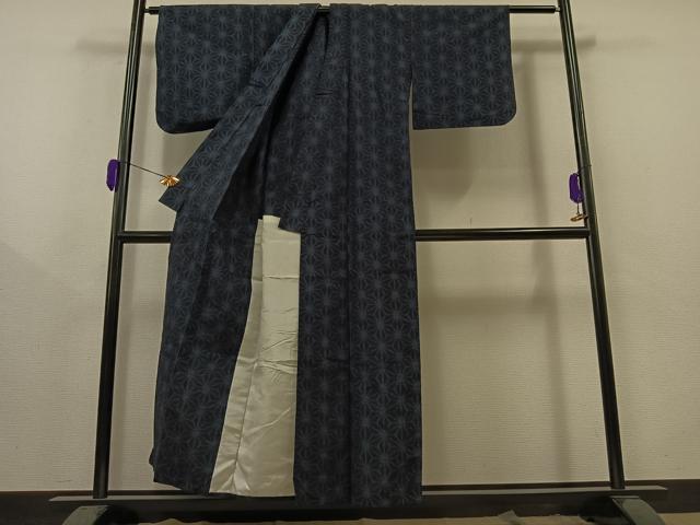 平和屋着物▽上質な紬　単衣　麻の葉文様　正絹　逸品　AAAZ0699jh