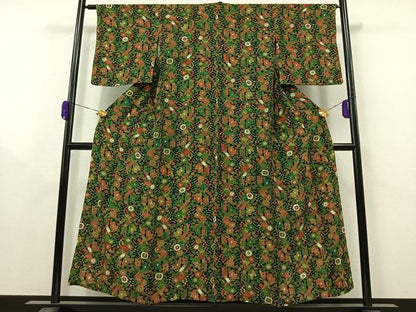 平和屋着物▽上質な小紋 単衣 更紗花鳥文 黒地 鬼しぼ縮緬 正絹 逸品 AAAZ0700jh