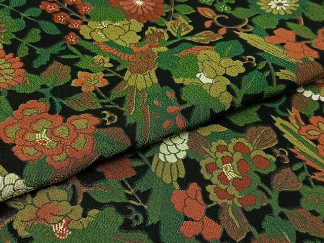 平和屋着物▽上質な小紋 単衣 更紗花鳥文 黒地 鬼しぼ縮緬 正絹 逸品 AAAZ0700jh