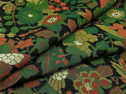 平和屋着物▽上質な小紋 単衣 更紗花鳥文 黒地 鬼しぼ縮緬 正絹 逸品 AAAZ0700jh