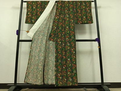 平和屋着物▽上質な小紋 単衣 更紗花鳥文 黒地 鬼しぼ縮緬 正絹 逸品 AAAZ0700jh