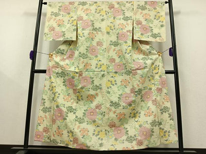 平和屋着物▽上質な紬 単衣 草花文 正絹 逸品 AAAZ0701jh