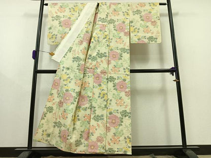 平和屋着物▽上質な紬 単衣 草花文 正絹 逸品 AAAZ0701jh